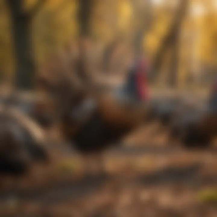 A group of turkeys interacting in a social environment, highlighting their behaviors