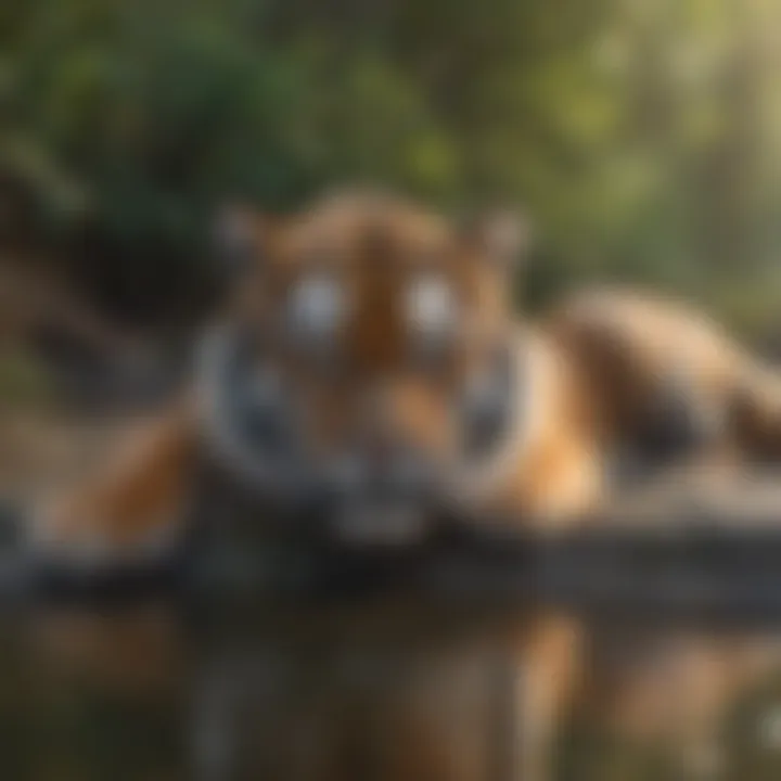 An adult tiger resting beside a water source in the wild.