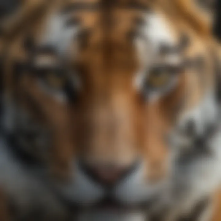 Close-up of a tiger's striking eyes and fur patterns.
