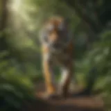 A majestic tiger prowling through lush green foliage.