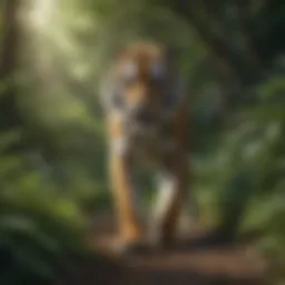 A majestic tiger prowling through lush green foliage.