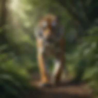 A majestic tiger prowling through lush green foliage.