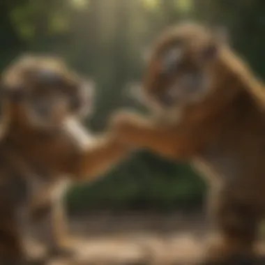 Tiger cubs playing energetically in a natural setting.