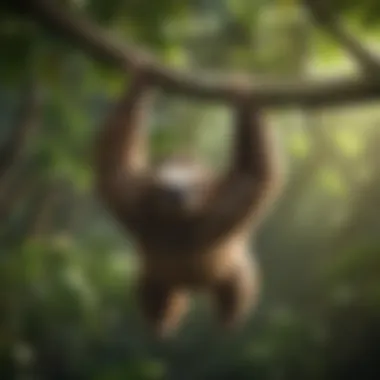 Sloth hanging from a tree branch showcasing its slow and deliberate actions