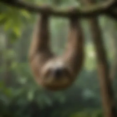 Graceful Sloth in its Natural Habitat Majestic sloth hanging upside down on a branch in lush rainforest