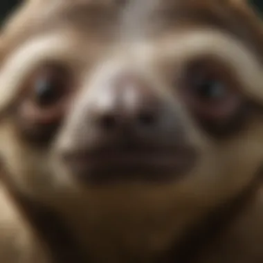 Close-up of sloth's face showing peaceful expression and unique features