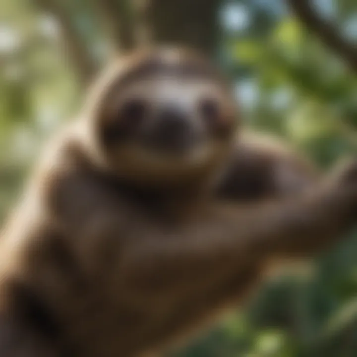 Sloth slowly moving along tree branches with a serene demeanor