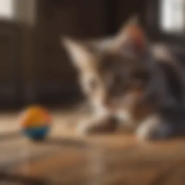 Curious kitten investigating a colorful toy