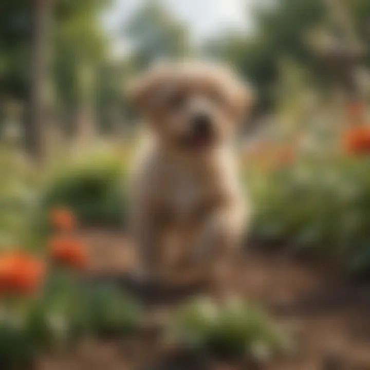 Playful puppies frolicking in a blooming garden