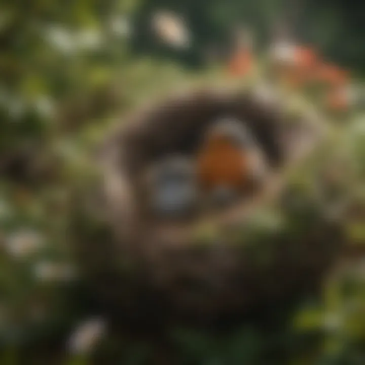 Robins building a cozy nest in a blooming garden