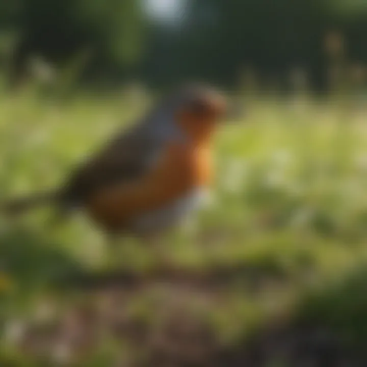 Robins foraging for food in a lush green meadow