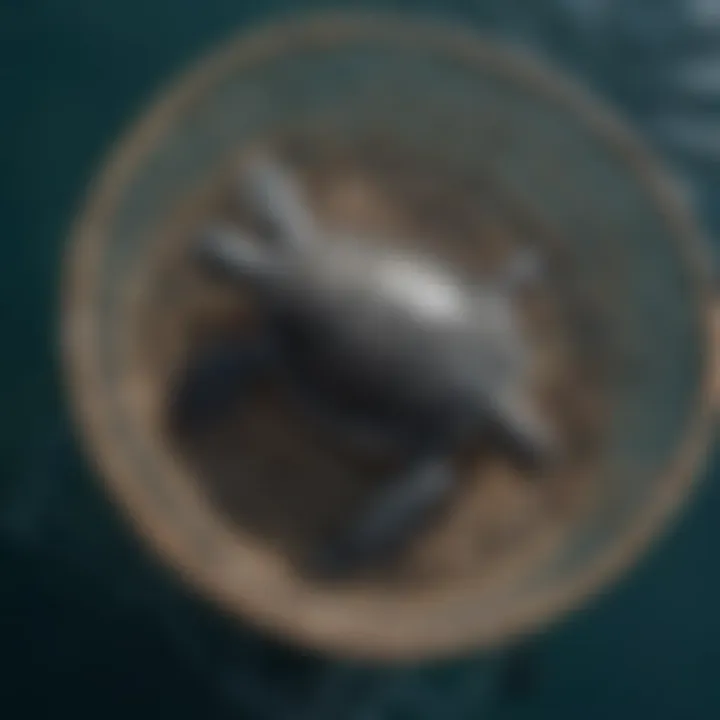 Overhead view of fishing net entangling leatherback sea turtle in the ocean