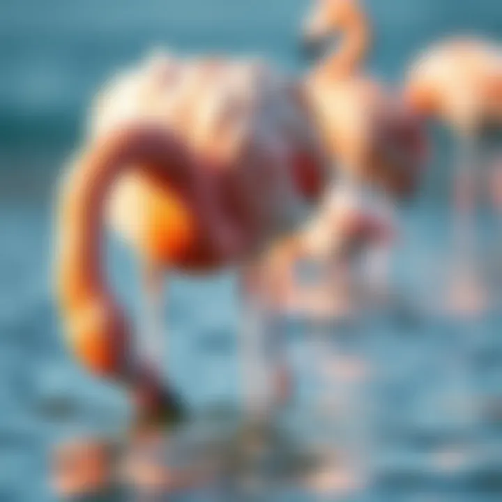 Flamingo feeding with its unique beak in shallow water
