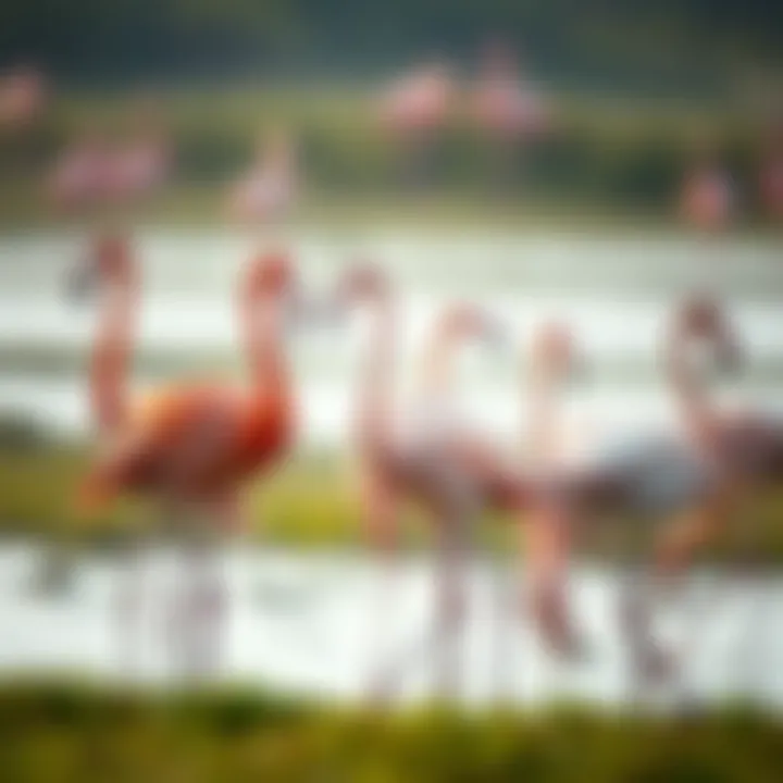 Group of flamingos gathered in a wetland habitat