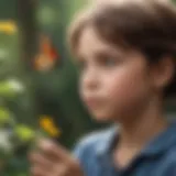 A child observing a butterfly on a flower