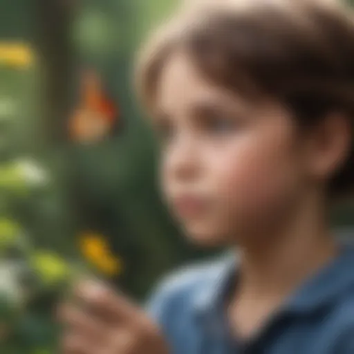 A child observing a butterfly on a flower