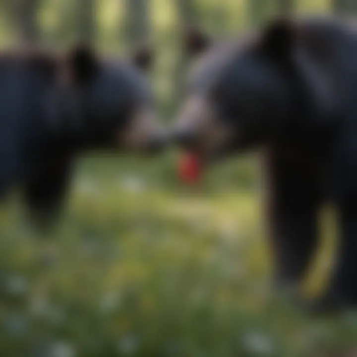 Black bear foraging for berries in a lush meadow