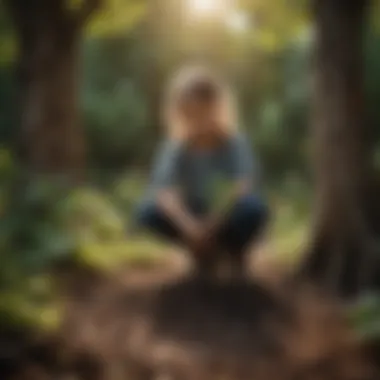A child planting a young tree in a garden.