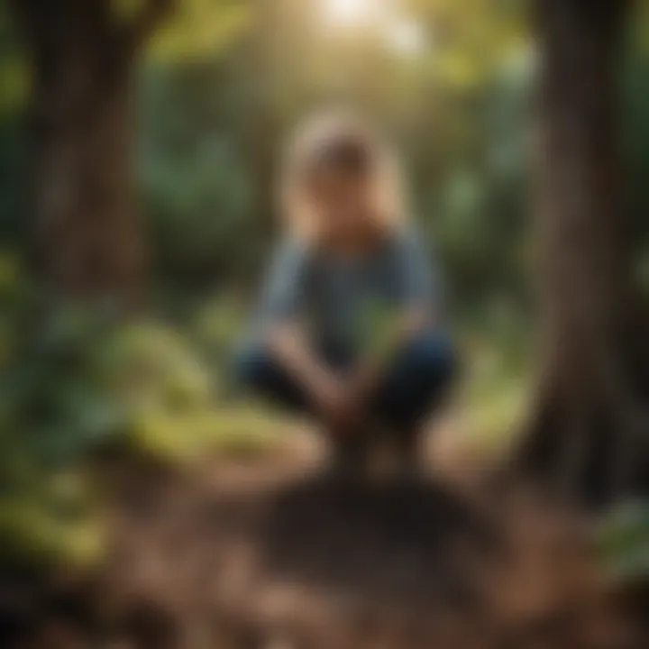 A child planting a young tree in a garden.
