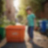A child recycling plastics in a colorful bin.