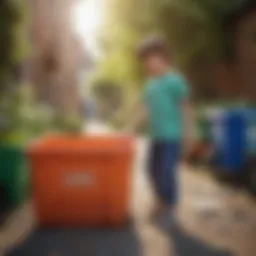 A child recycling plastics in a colorful bin.