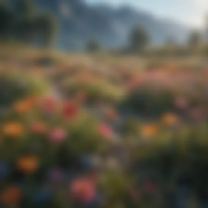 A serene landscape featuring a colorful meadow with various wildflowers.