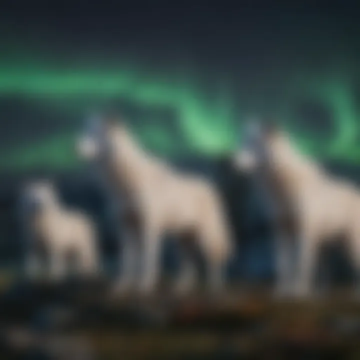 Arctic wolves against a backdrop of northern lights