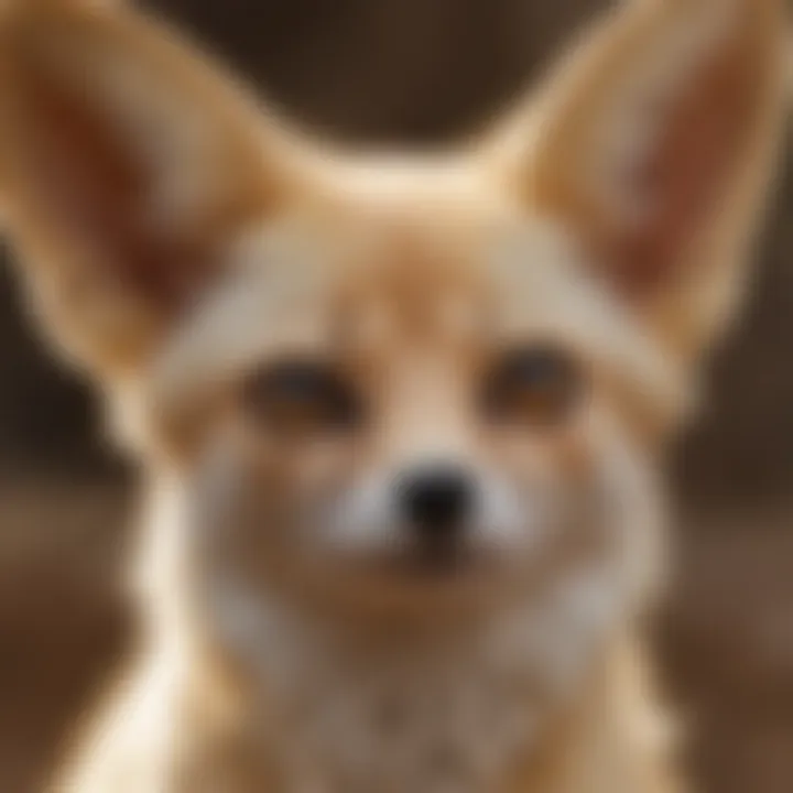 Close-up of a fennec fox's large ears and expressive eyes.