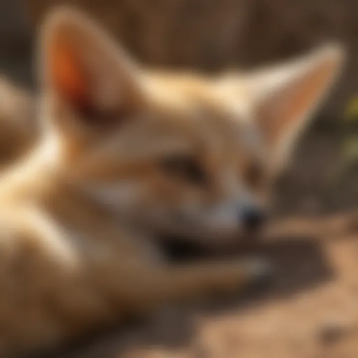 A fennec fox nestled in the cool shade during the day.