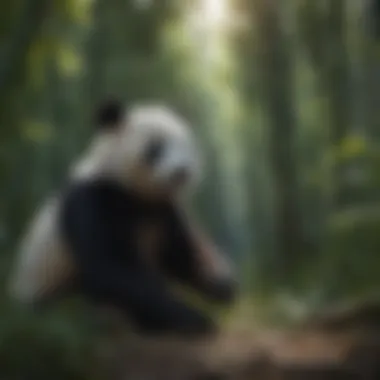 Giant panda cub exploring bamboo forest