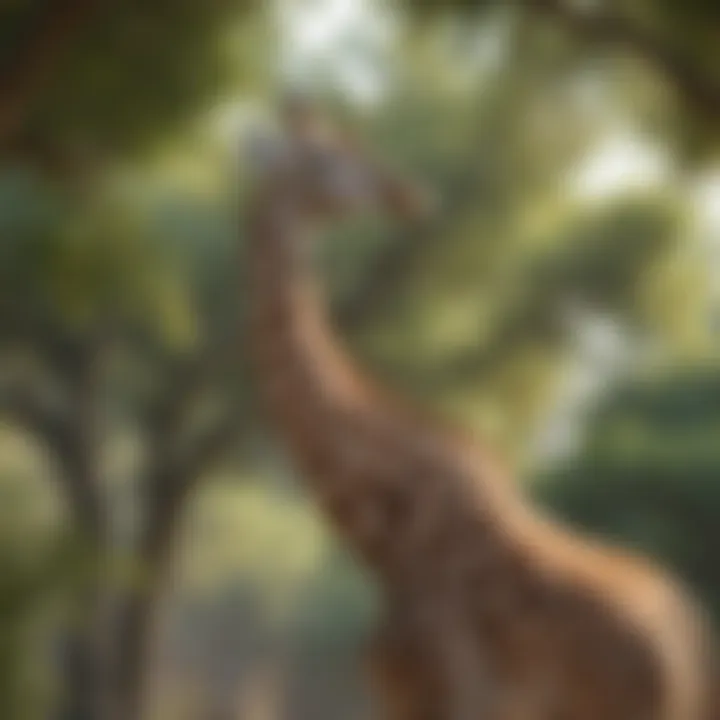 Giraffe stretching its long neck to reach leaves on a tall tree