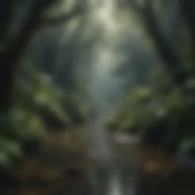 Glistening stream meandering through dense rainforest foliage