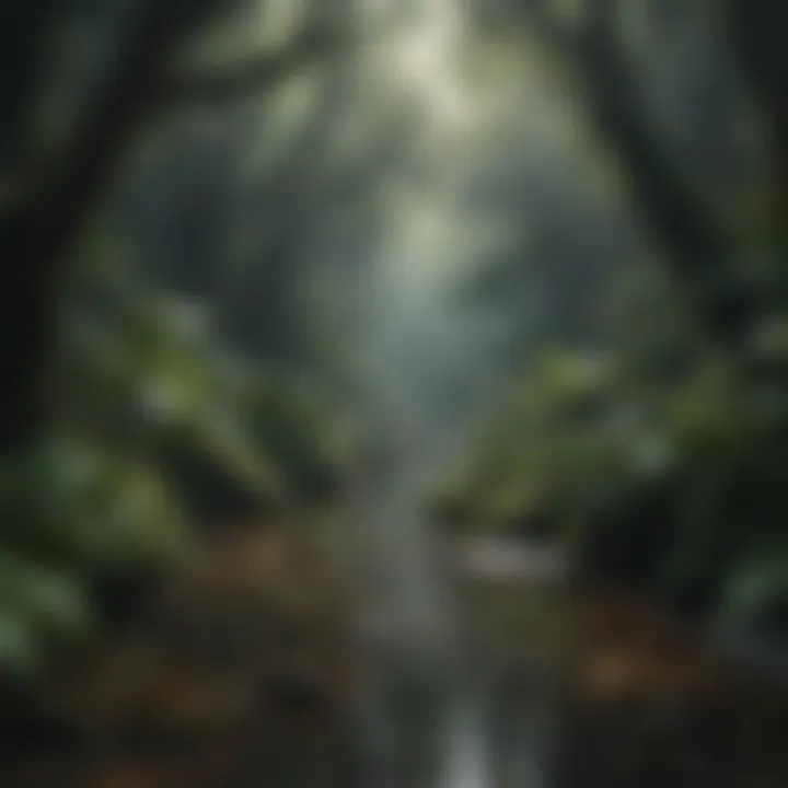 Glistening stream meandering through dense rainforest foliage
