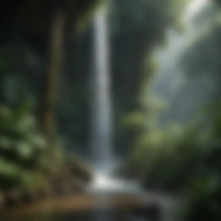 Glistening waterfall cascading through verdant jungle