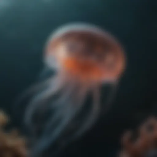 Gossamer Elegance - A jellyfish with translucent tentacles gracefully floating in the ocean depths.