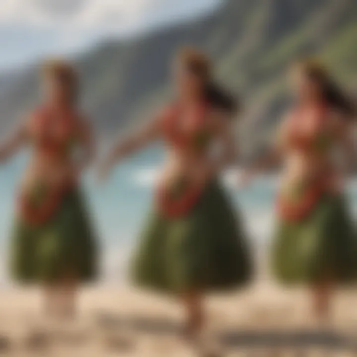 Traditional Hawaiian hula dancers on the beach