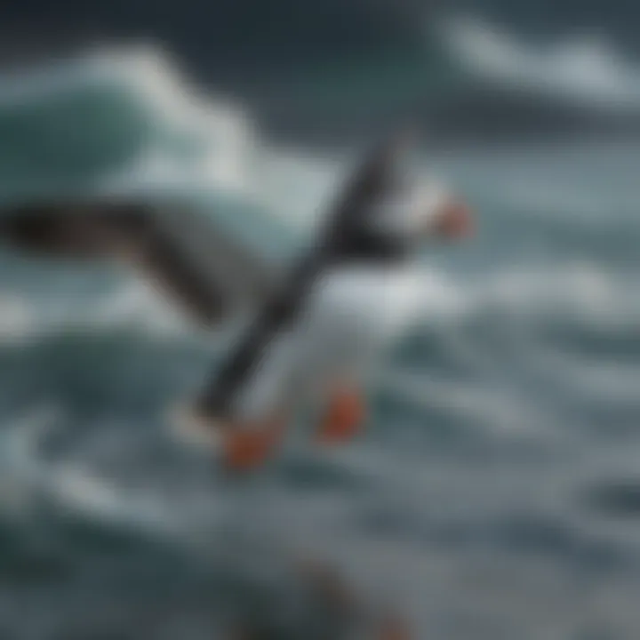 Graceful puffin soaring above the ocean waves with elegance