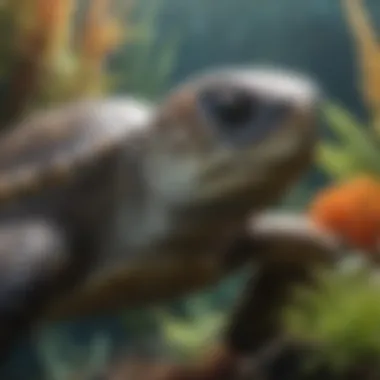 Graceful sea turtle swimming among vibrant sea plants