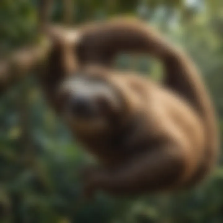 Graceful sloth hanging lazily from a tree branch in the dense rainforest canopy