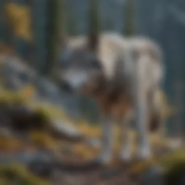 Gray wolf roaming vast mountainous landscape