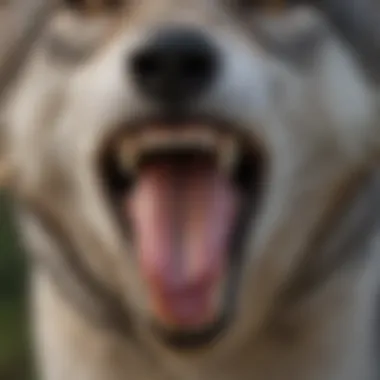 Close-up of a gray wolf's teeth showcasing its carnivorous nature