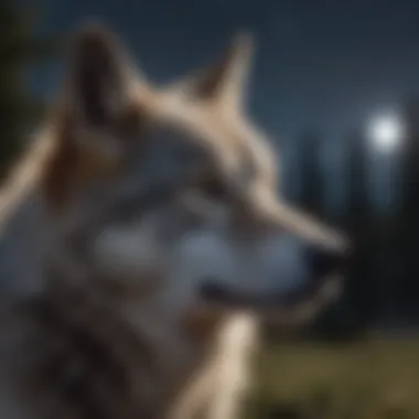 Close-up of gray wolf in twilight under starry sky