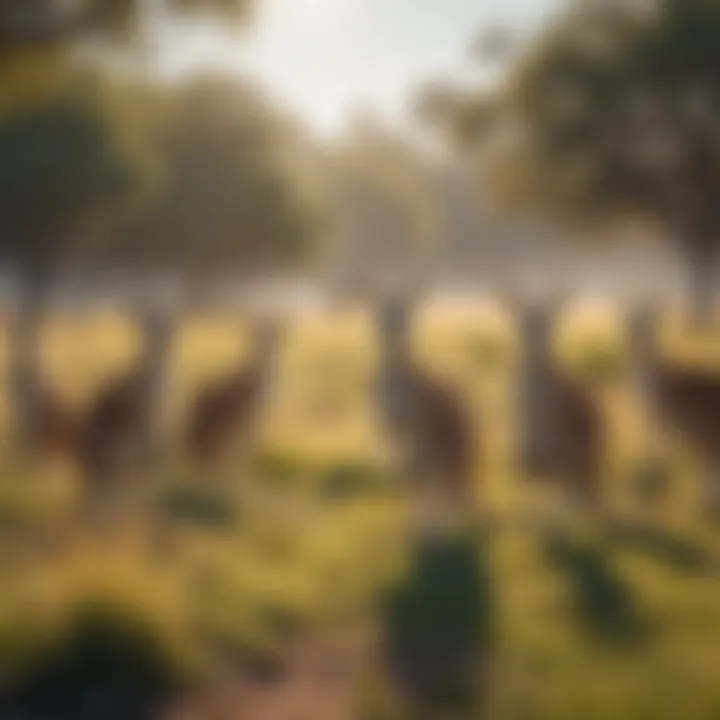 Group of kangaroos grazing in a picturesque meadow under a clear blue sky