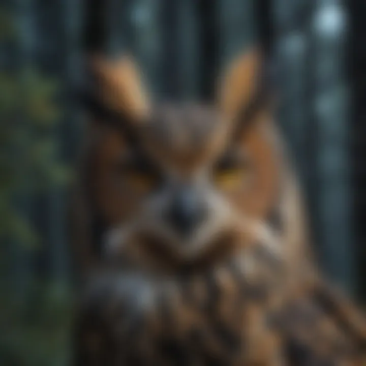 Great Horned Owl hunting in moonlit forest