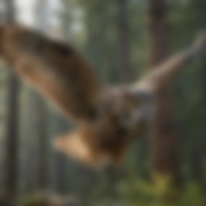 Great horned owl in flight over a forest landscape