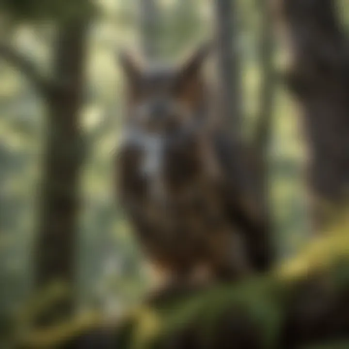 Great Horned Owl roosting in dense woodland canopy