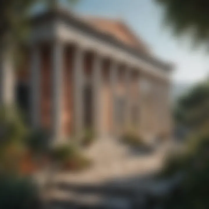 An artistic representation of traditional Greek architecture nestled among vibrant flora.