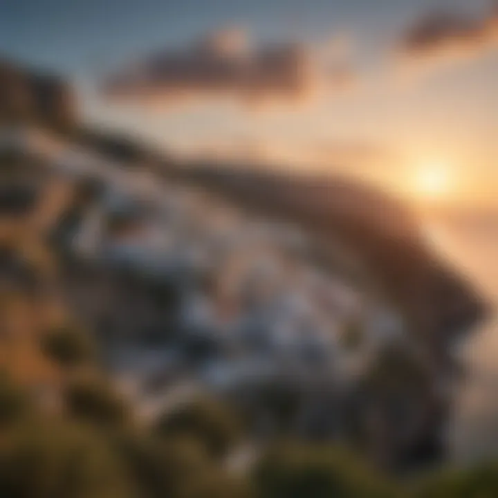 A stunning sunset over a tranquil Greek village, illustrating cultural harmony with nature.