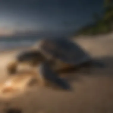 Green Sea Turtle nesting on sandy beach under the moonlit sky