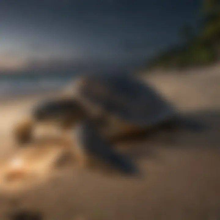 Green Sea Turtle nesting on sandy beach under the moonlit sky